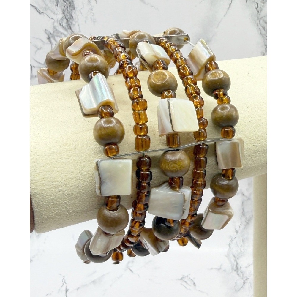 Chunky Multi Strand Beaded Wrap‎ Bracelet Shell Amber Glass Boho Memory Wire
